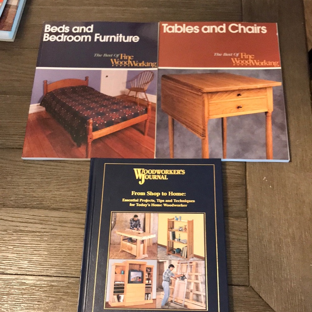 Woodworking books projects bedroom table chairs furniture crafting wood 3 books